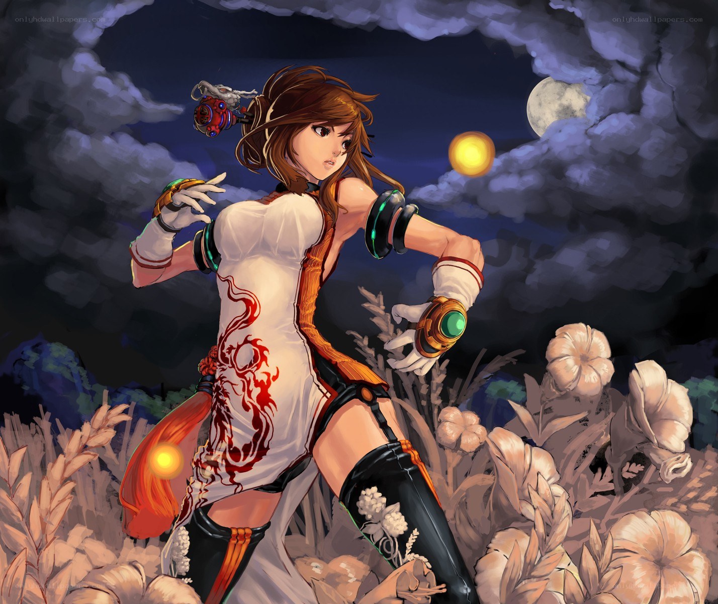female warrior in moonlit field