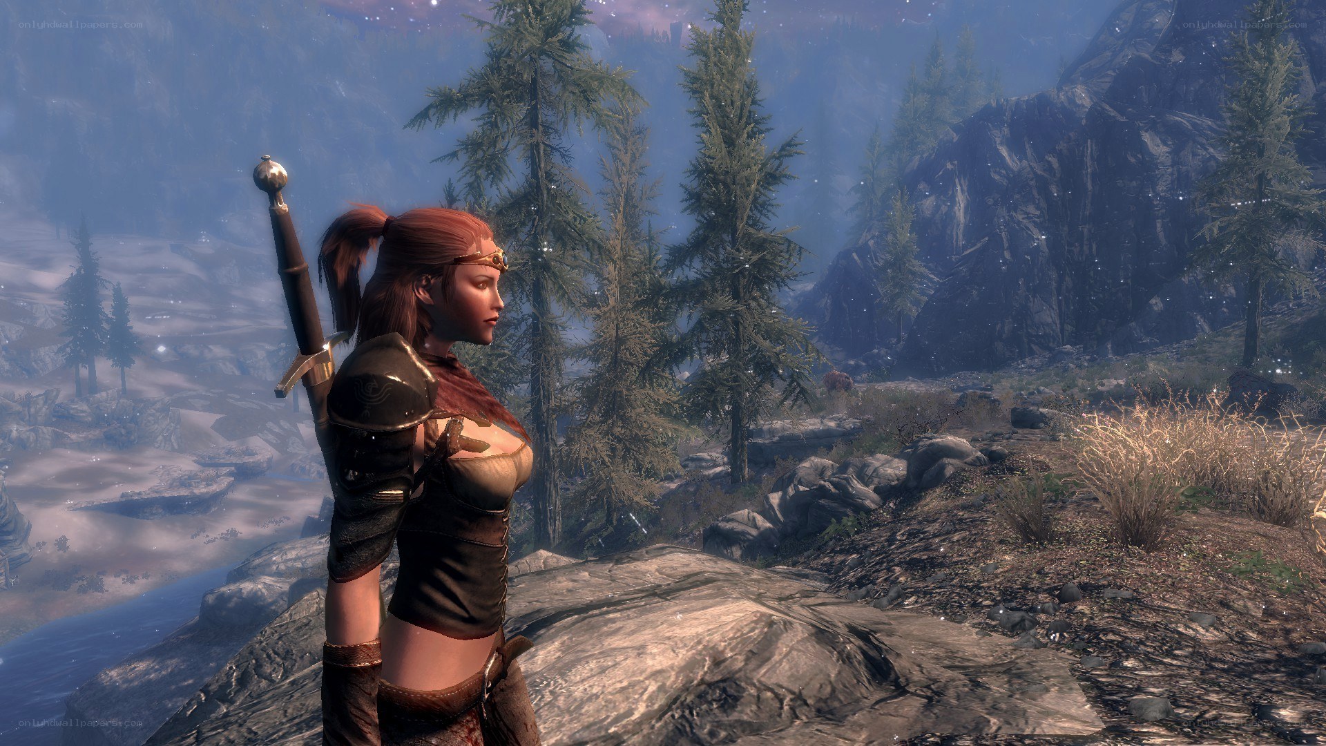female warrior in mountain landscape