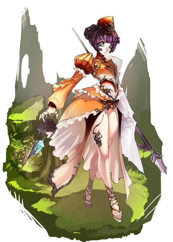 female warrior in orange dress