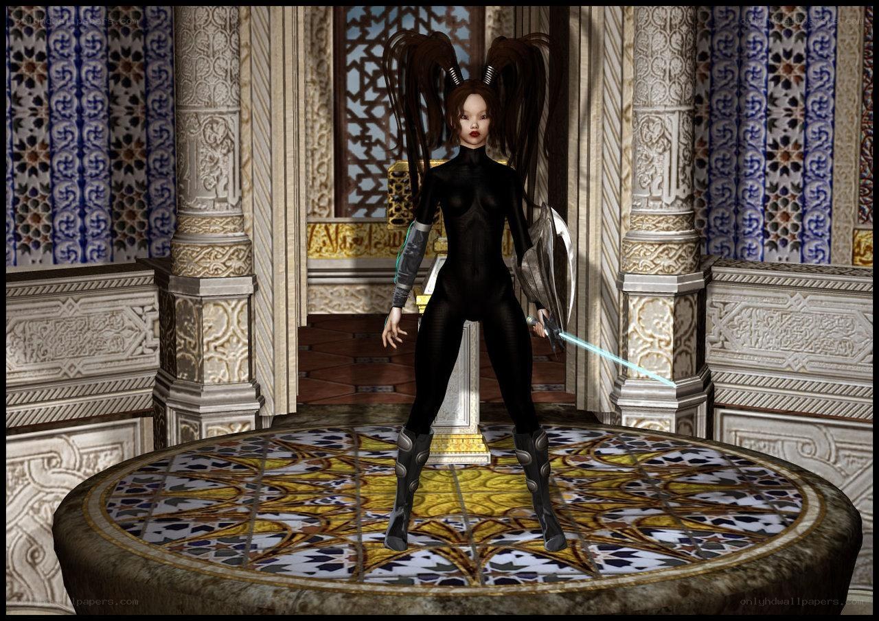 female warrior in ornate hall