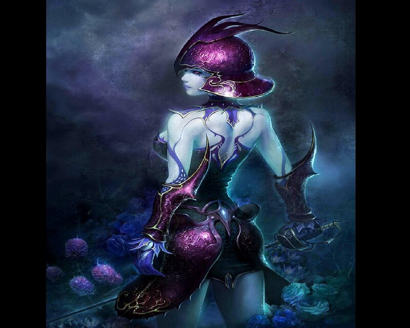 Female Warrior in Purple Armor — Dramatic, Night, Digital Art, Helmet
