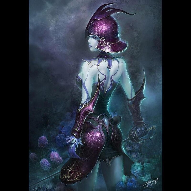 Female Warrior in Purple Armor — Dramatic
