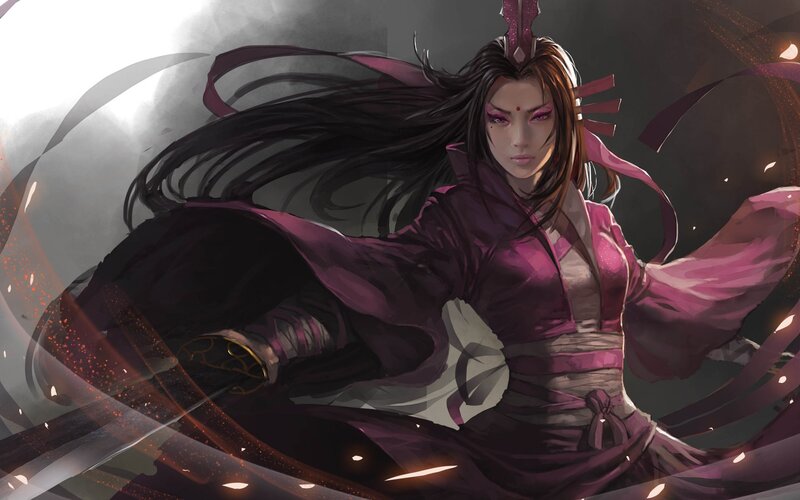 Female Warrior in Purple — Dramatic, Digital Art, Sword, Ribbon