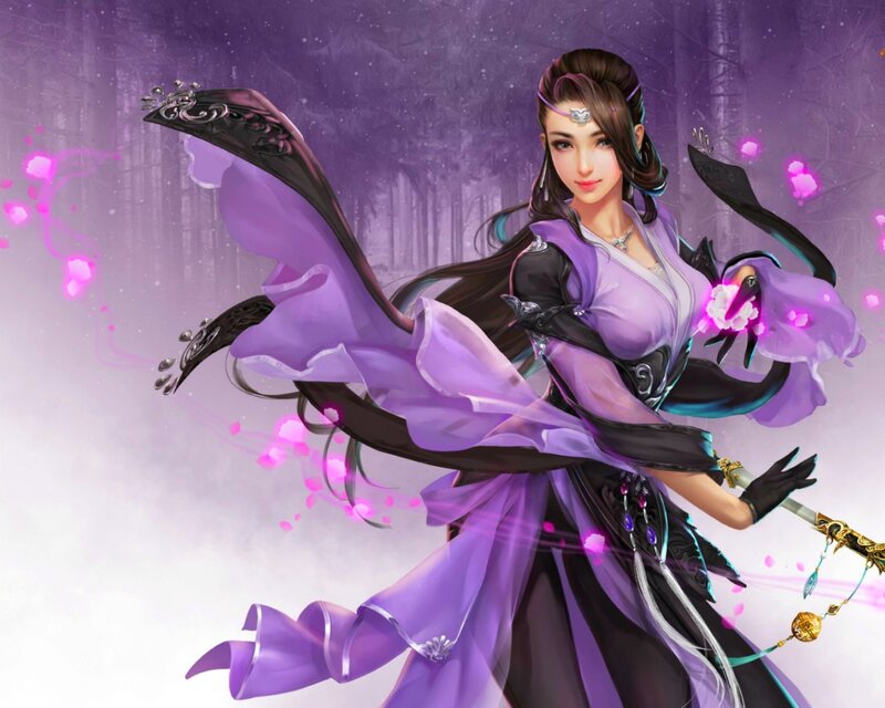 Female Warrior in Purple — Dramatic, Digital Art, Sword