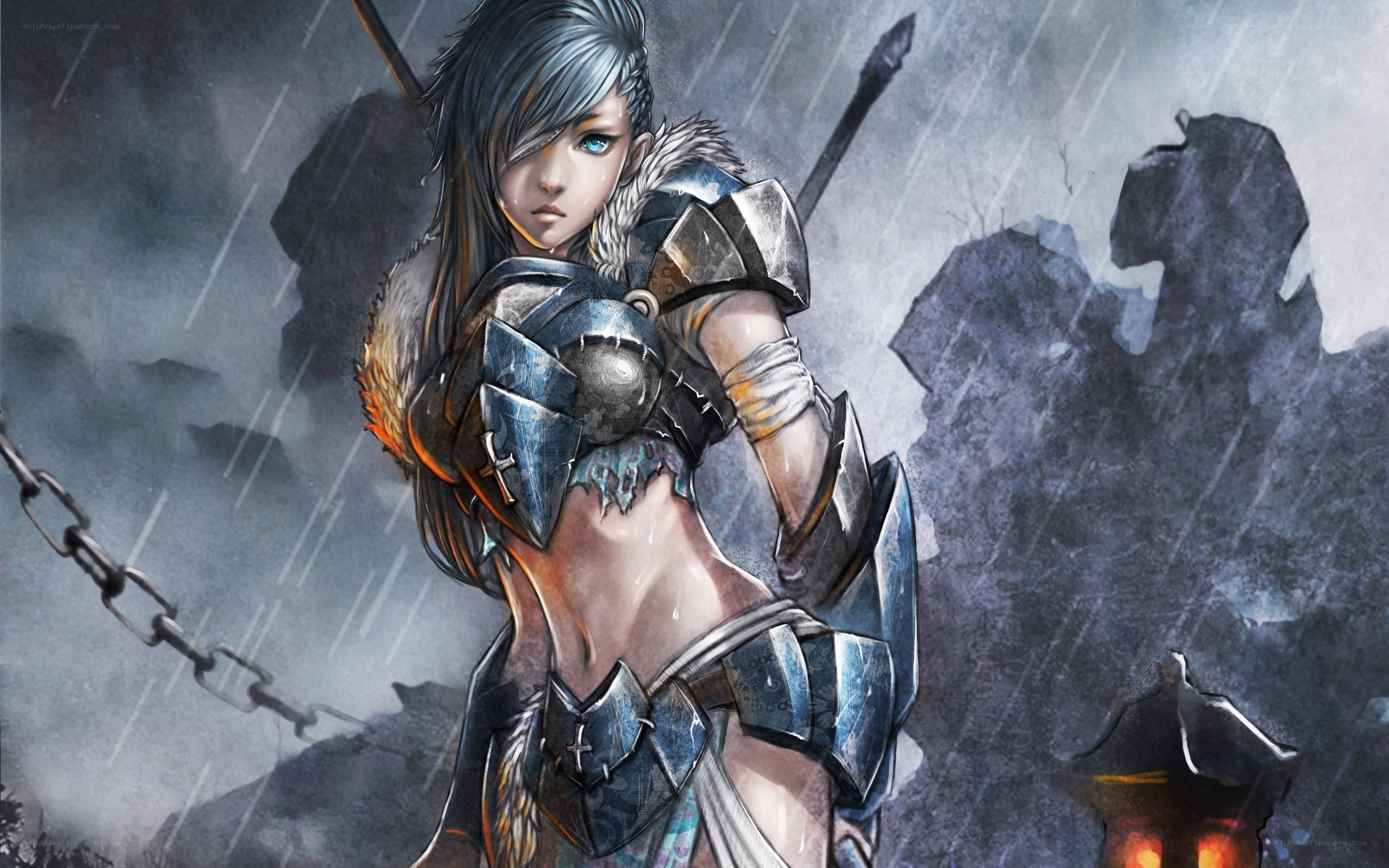 female warrior in rain
