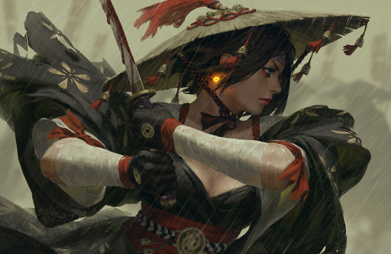 Female Warrior in Rain — Black, Dramatic, Digital Art