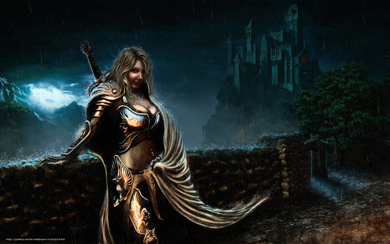 Female Warrior in Rain — Black, Dramatic, Night, Digital Art