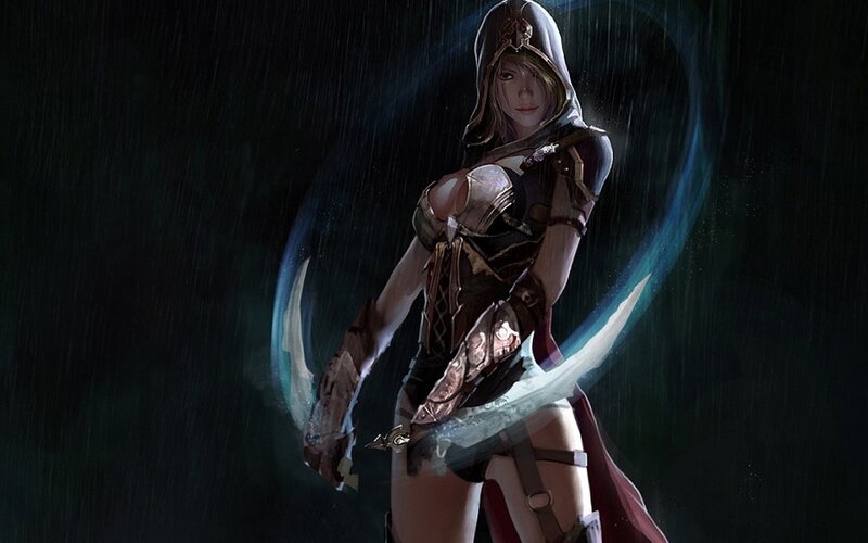 Female Warrior in Rain — Black, Dramatic, Night
