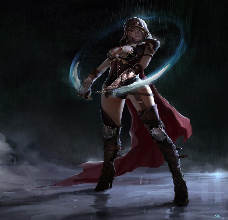 Female Warrior in Rain — Black, Dramatic