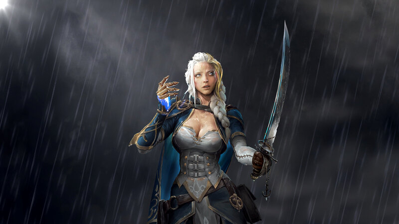 Female Warrior in Rain — Blue, Dramatic, Night, Digital Art