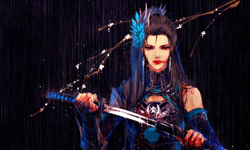 Female Warrior in Rain — Blue, Dramatic
