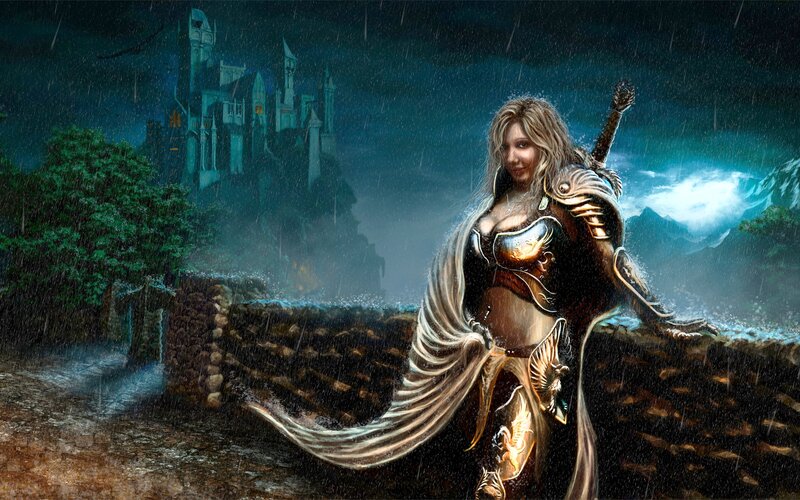Female Warrior in Rain — Blue