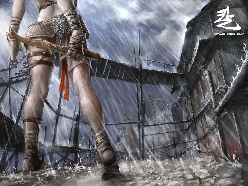 Female Warrior in Rain — Gray, Dramatic, Night