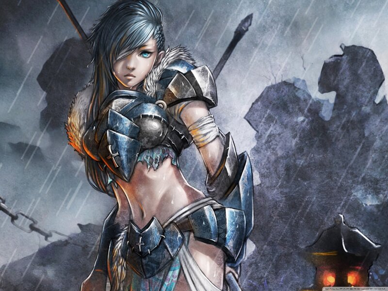 Female Warrior in Rain — Gray, Dramatic