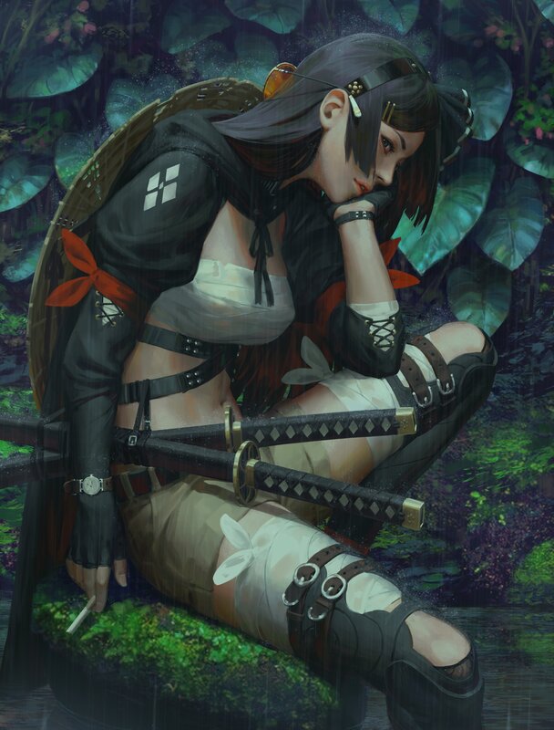 Female Warrior in Rain — Green, Dramatic, Night