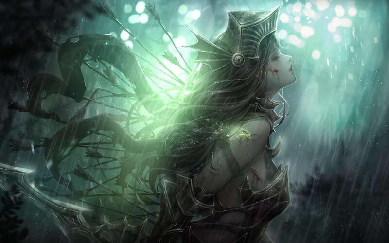 Female Warrior in Rain — Green, Dramatic