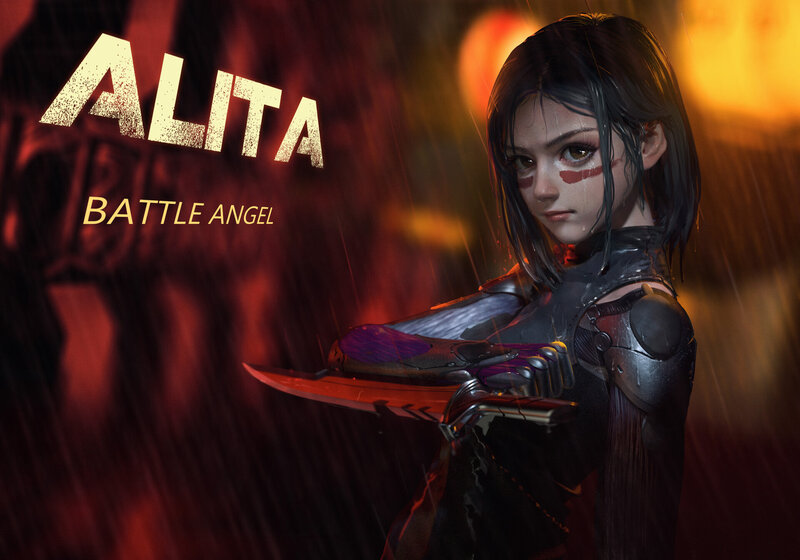 Female Warrior in Rain — Red, Dramatic