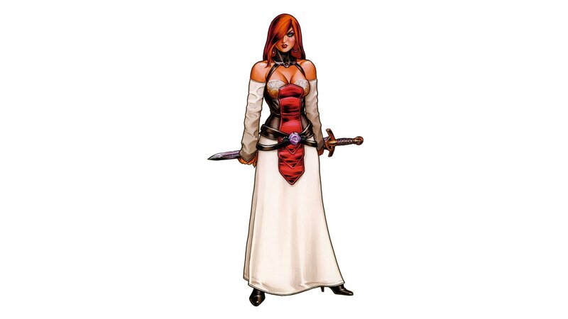 female warrior in red and white dress