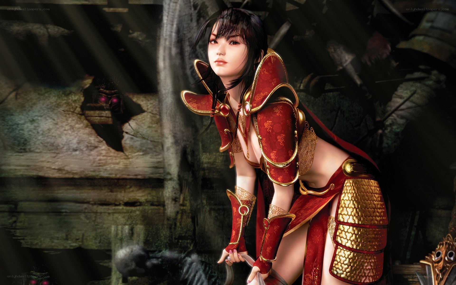 female warrior in red armor