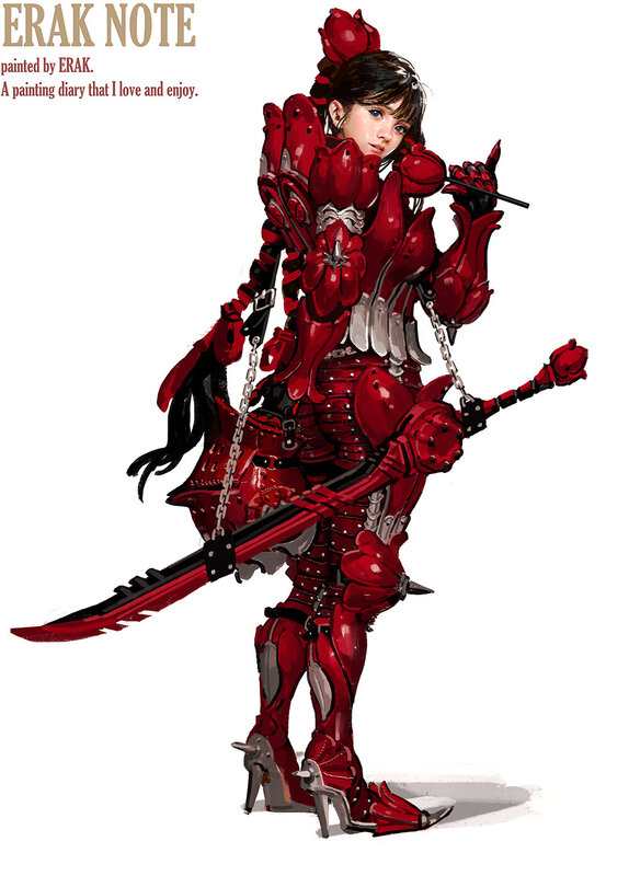 Female Warrior in Red Armor — Dramatic, Digital Art, Sword, Chains