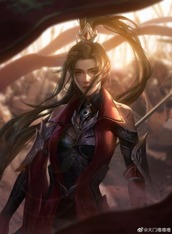Female Warrior in Red Armor — Dramatic, Sunset