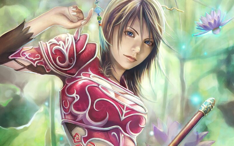 Female Warrior in Red Armor — Serene, Afternoon