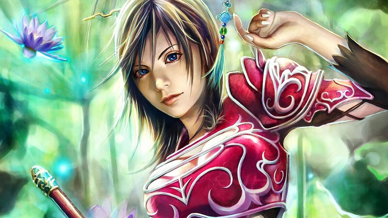 Female Warrior in Red Armor — Serene, Digital Art, Flower