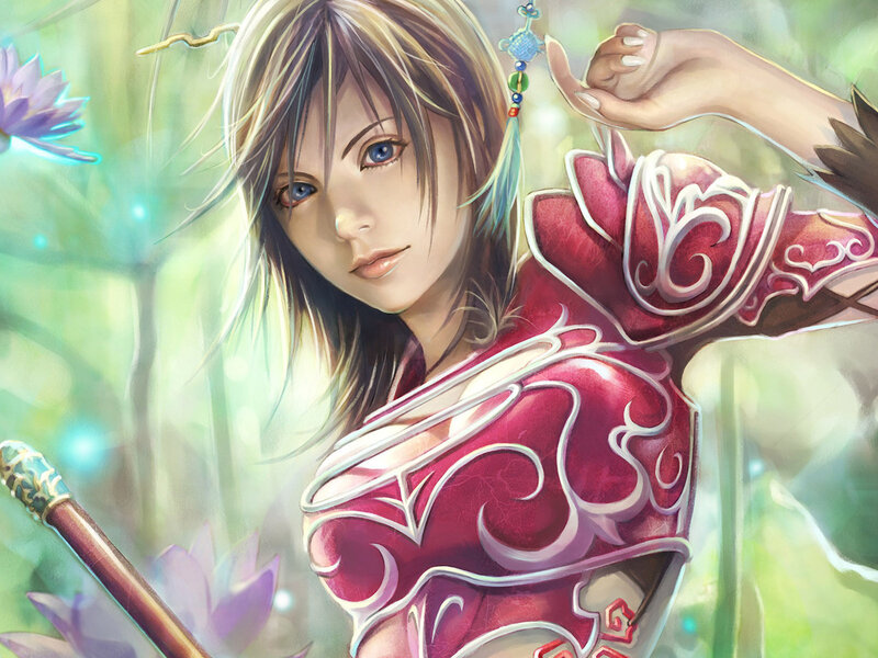Female Warrior in Red Armor — Serene, Digital Art