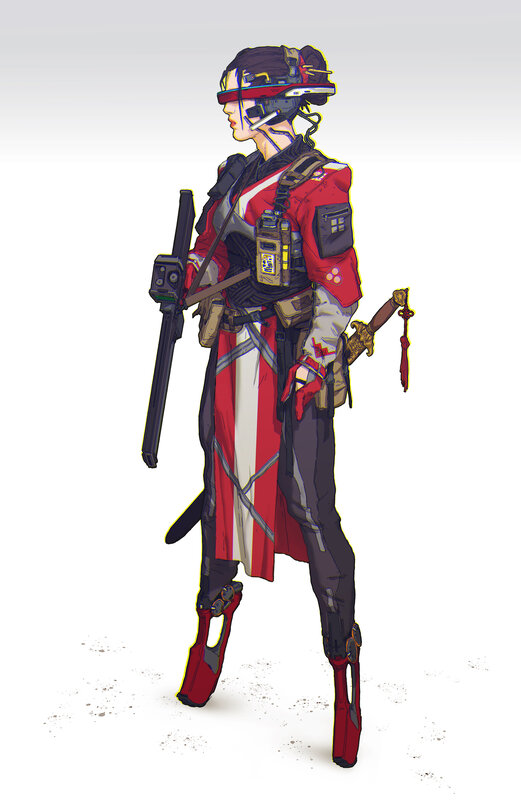 Female Warrior in Red Armor — Serious