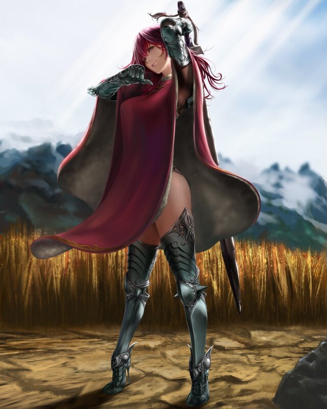 Female Warrior in Red Cloak — Dramatic, Afternoon