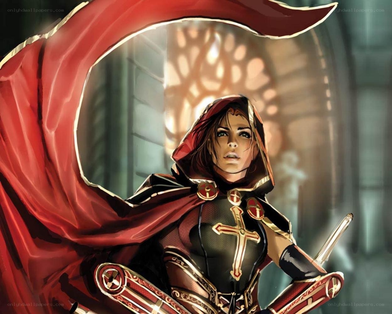 female warrior in red cloak