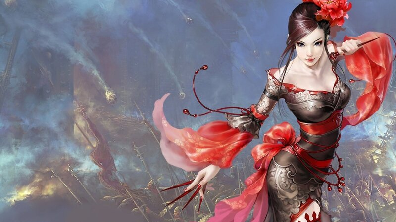 Female Warrior in Red — Dramatic, Digital Art, Red Ribbon