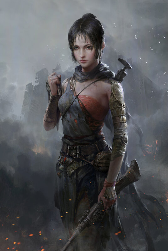 Female Warrior in Ruins — Gray, Dramatic