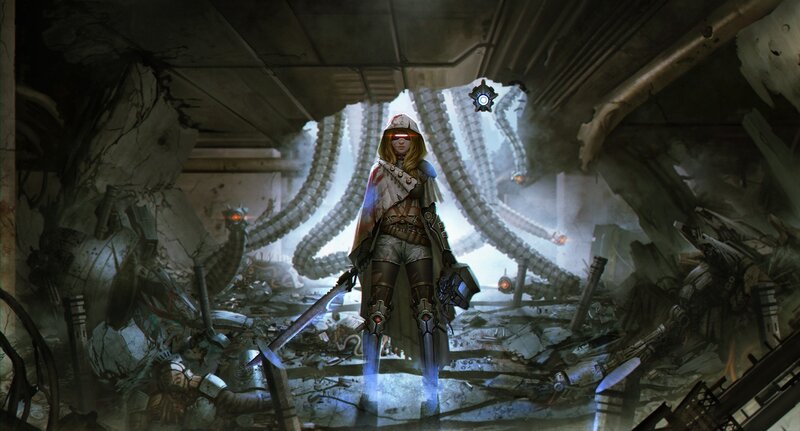 Female Warrior in Ruins — Gray