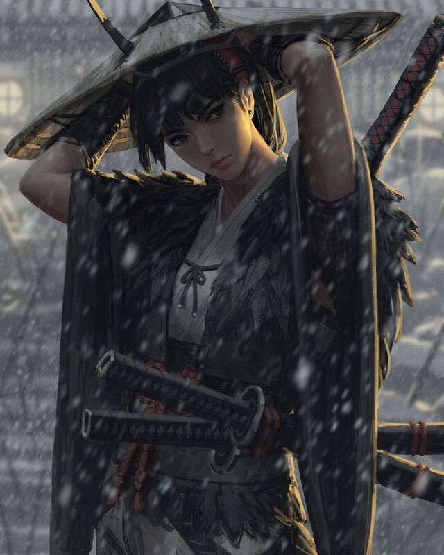 Female Warrior in Snow — Black, Dramatic