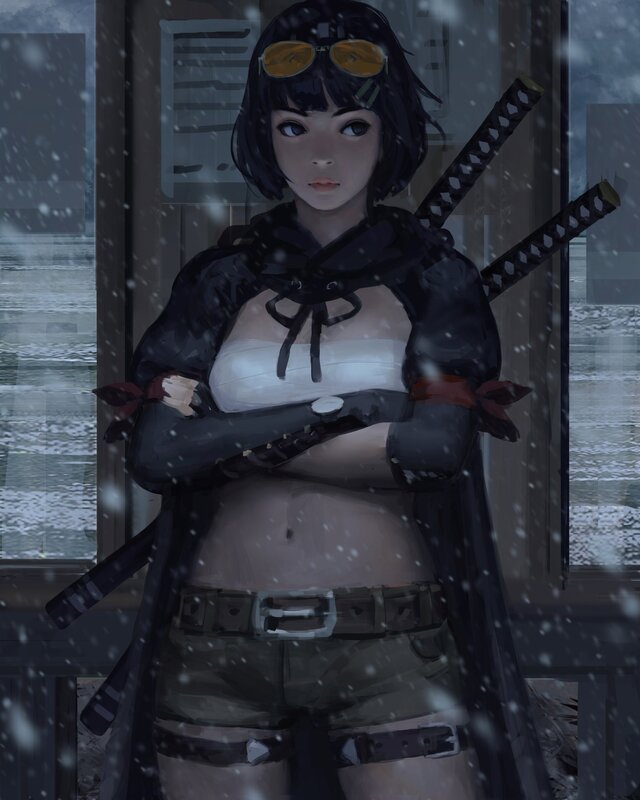 Female Warrior in Snow — Black, Dramatic, Winter, Digital Art