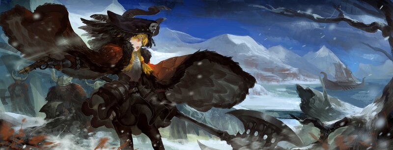 Female Warrior in Snow — Blue, Dramatic, Winter, Digital Art, Snowy Mountains, Ship