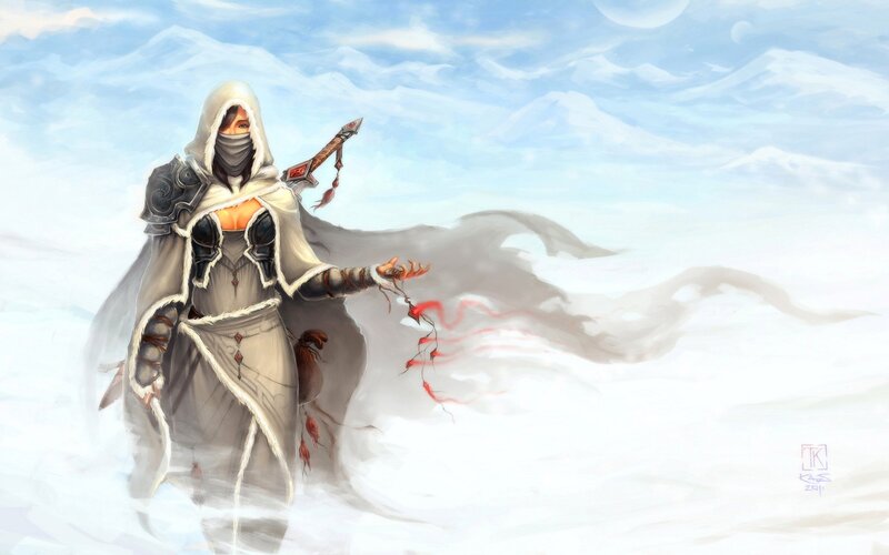 Female Warrior in Snow — White, Dramatic, Winter, Digital Art, Sword
