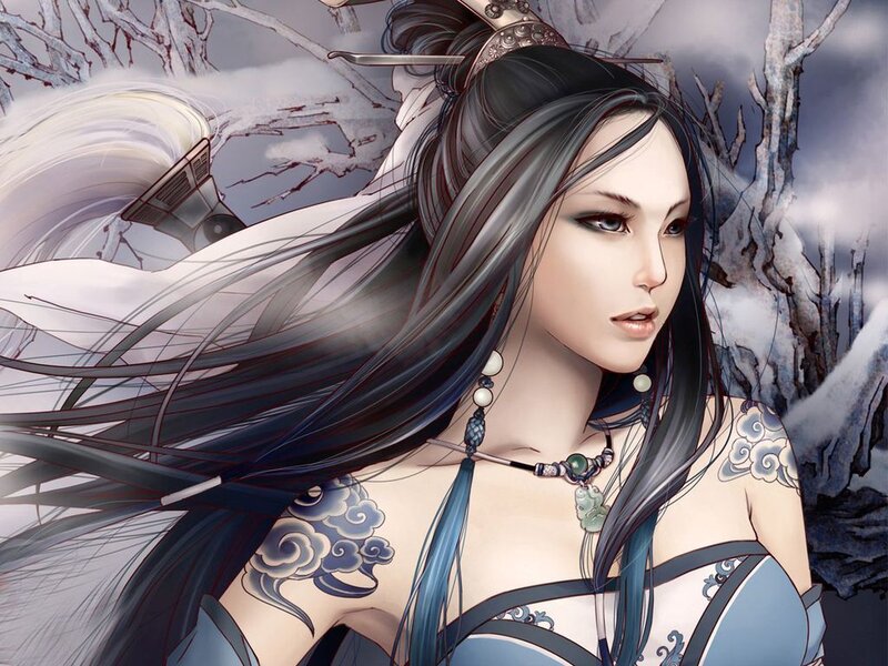 female warrior in snowy landscape