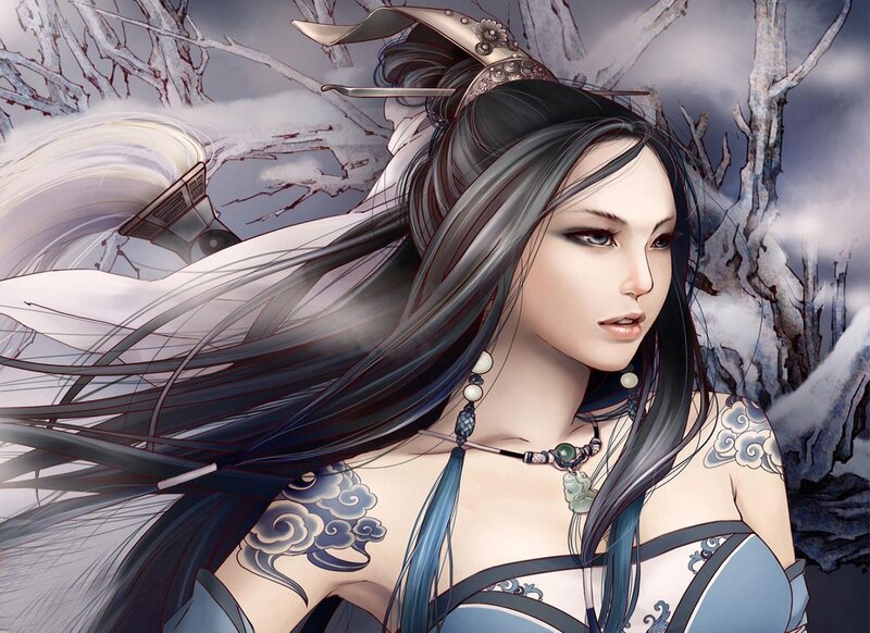 female warrior in snowy landscape