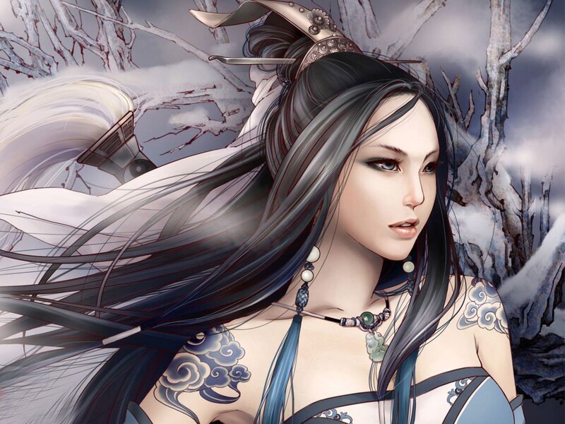 female warrior in snowy landscape