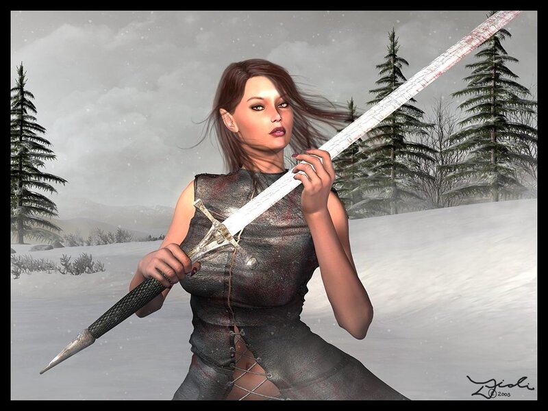 female warrior in snowy landscape