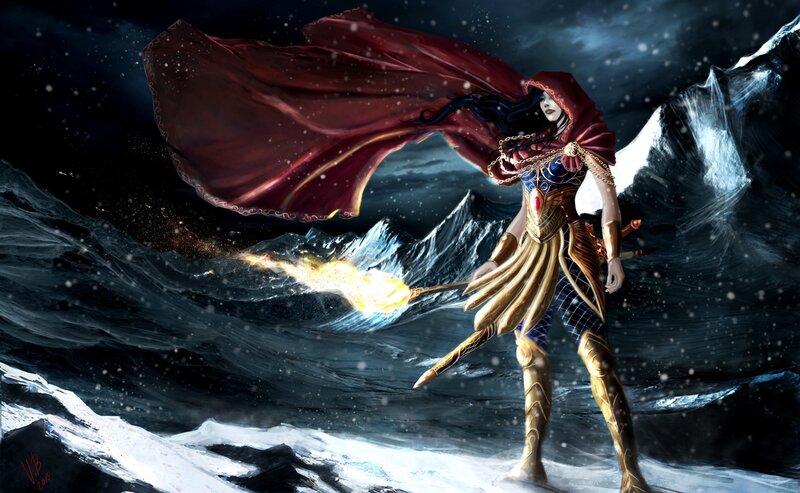 Female Warrior in Storm — Red, Dramatic