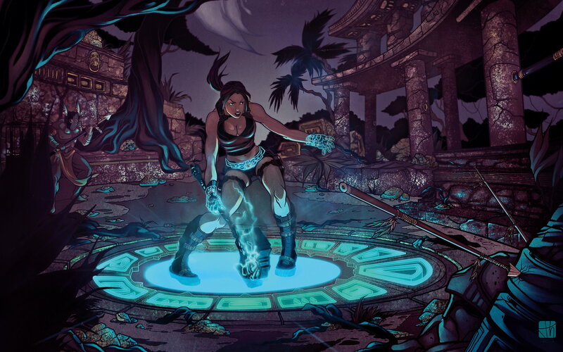 Female Warrior in Temple — Purple