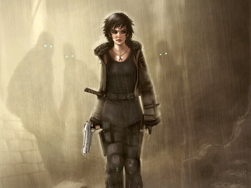 female warrior in the rain