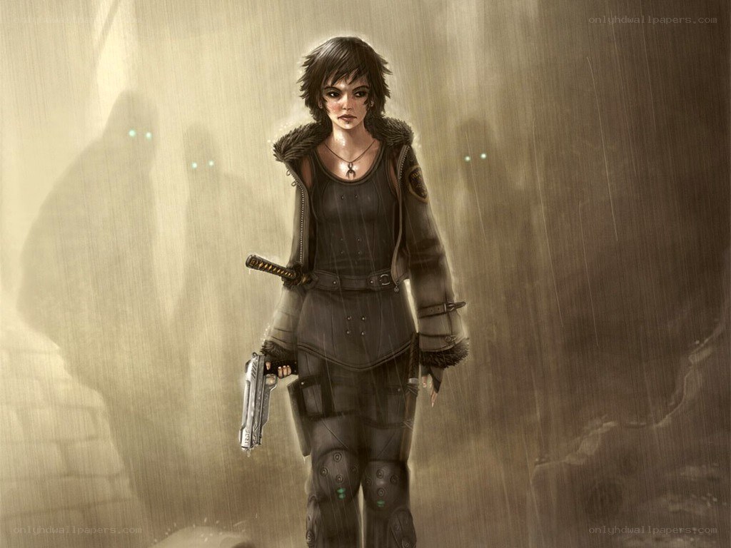 female warrior in the rain