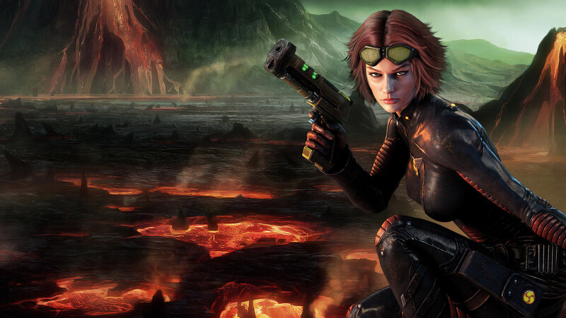 female warrior in volcanic landscape