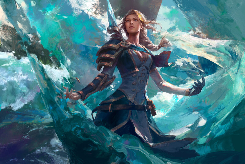 Female Warrior in Water — Blue, Dramatic, Digital Art, Sword