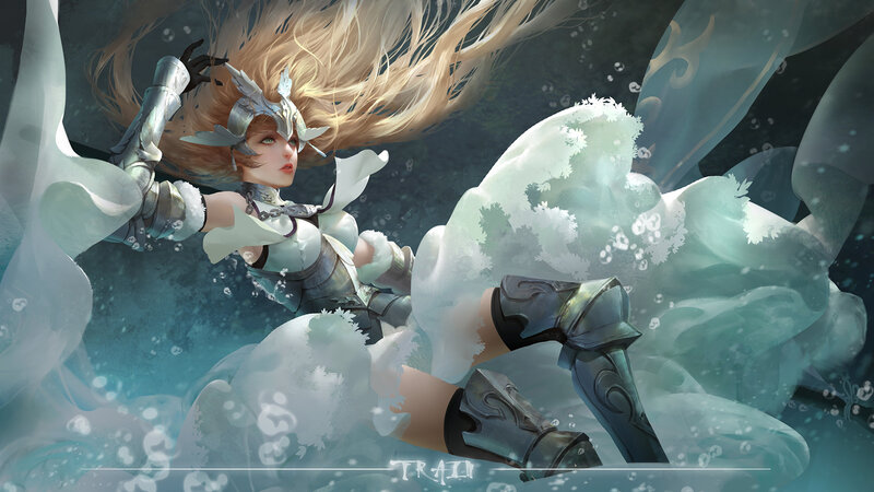 Female Warrior in Water — Blue, Dramatic, Digital Art