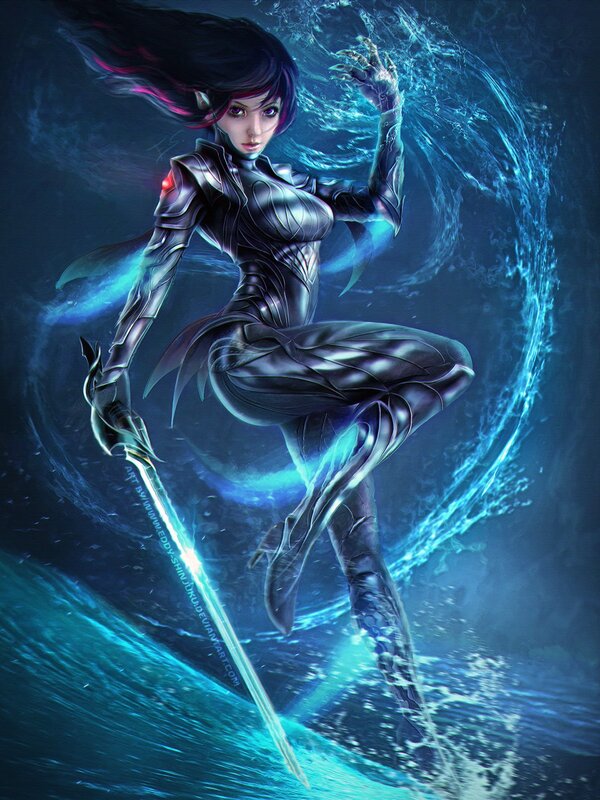 Female Warrior in Water — Blue, Dramatic